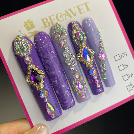 Handmade Press On Nails Extra-Long Coffin Royal purple