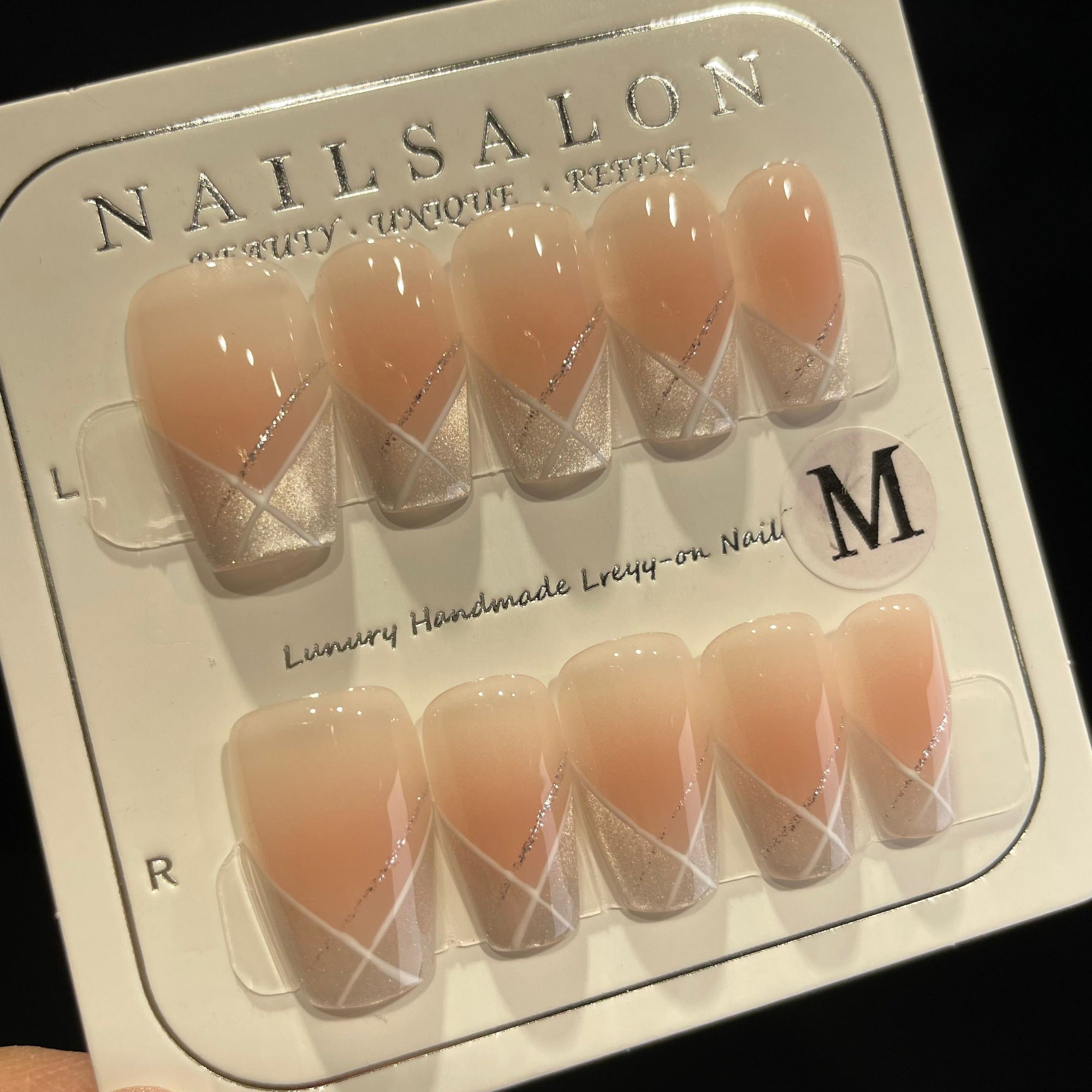 Handmade Press On Nails Medium Coffin Line cat-eye French-YiH