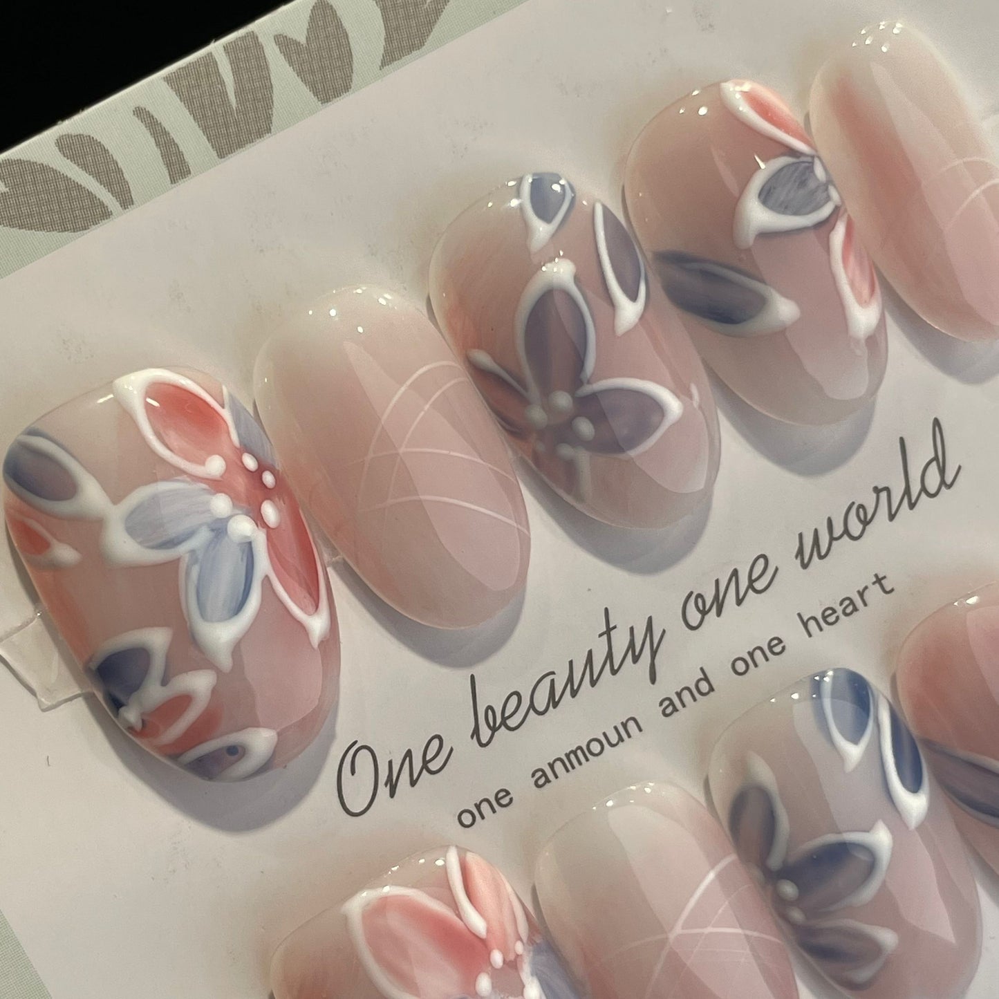 Handmade Press On Nails Short Oval Blue flower foundation