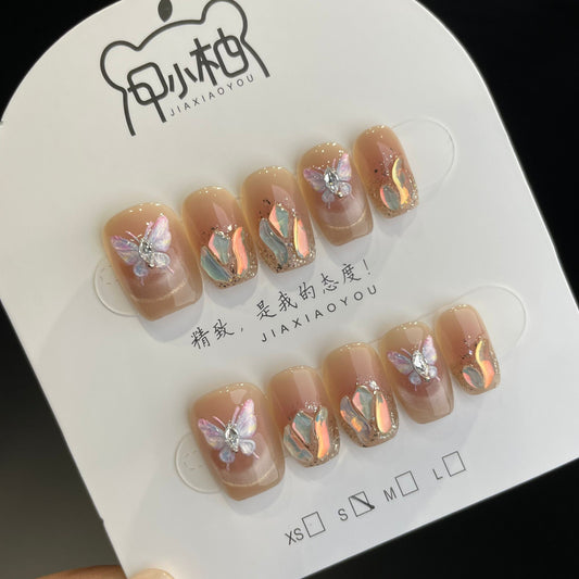 Handmade Press On Nails Short Coffin Butterfly mica