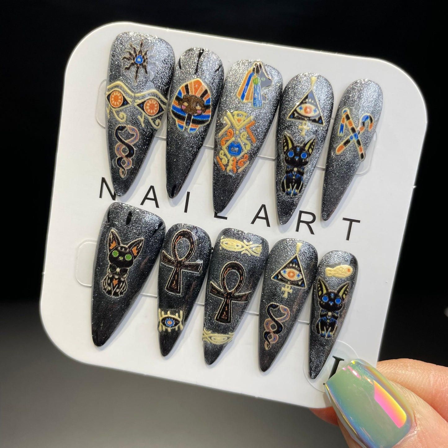 Handmade Press On Nails Long Stiletto Egyptian cat pharaoh