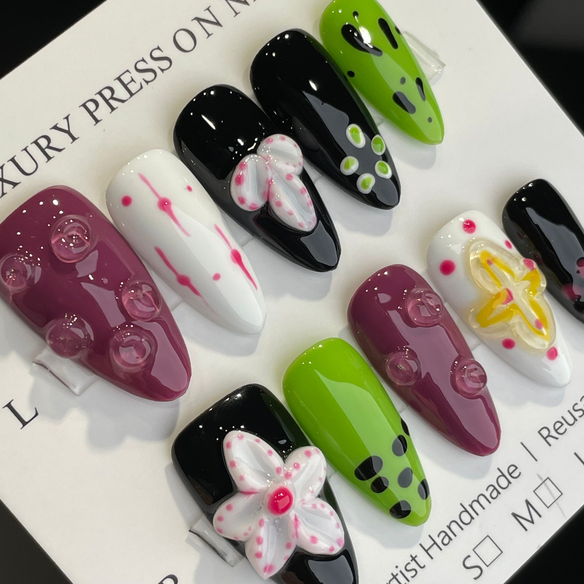 Handmade Press On Nails Medium Stiletto Alien organism