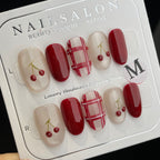 Handmade Press On Nails Short Oval Red cherry check-YiH