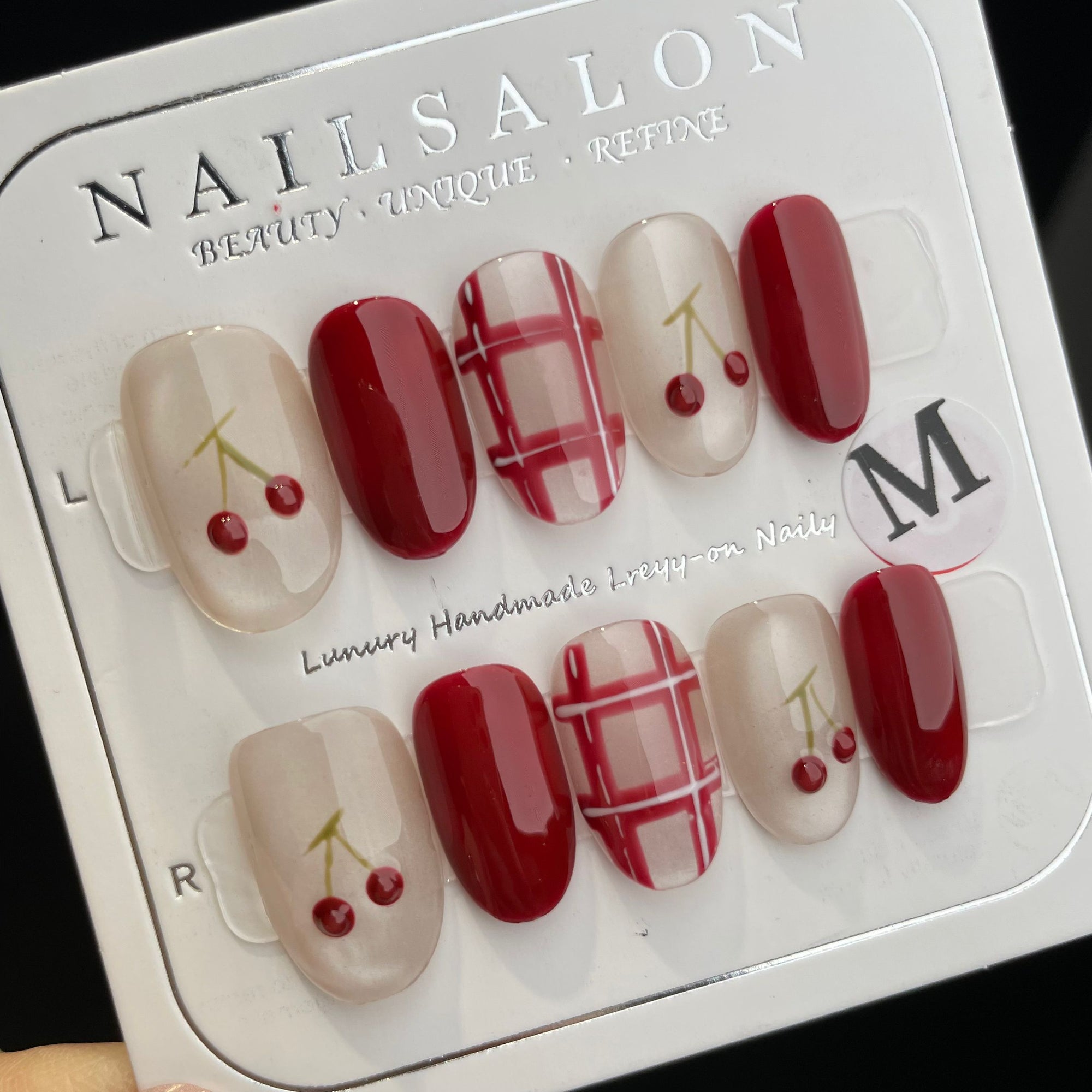 Handmade Press On Nails Short Oval Red cherry check-YiH