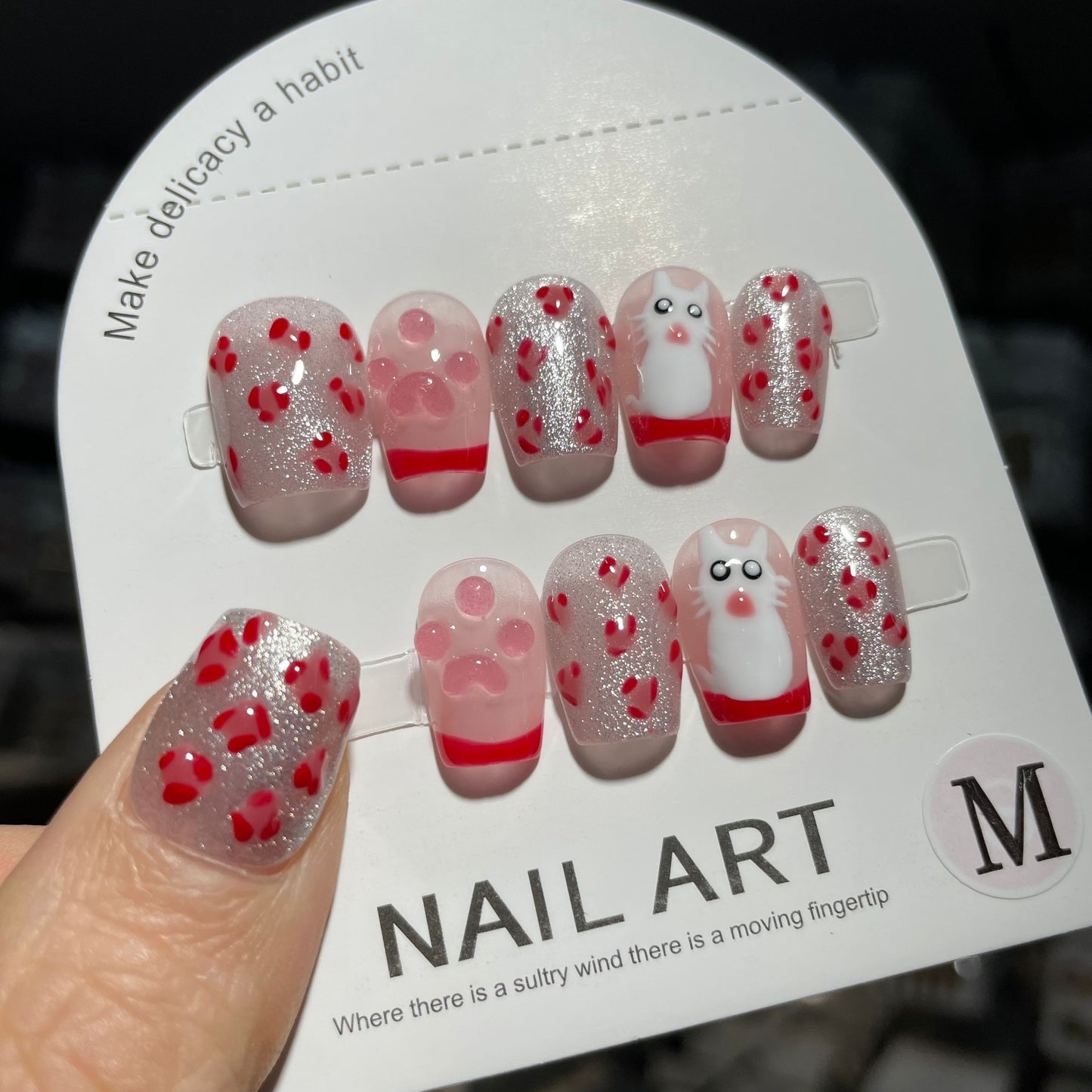 Handmade Press On Nails Short Square Silver pink Cat