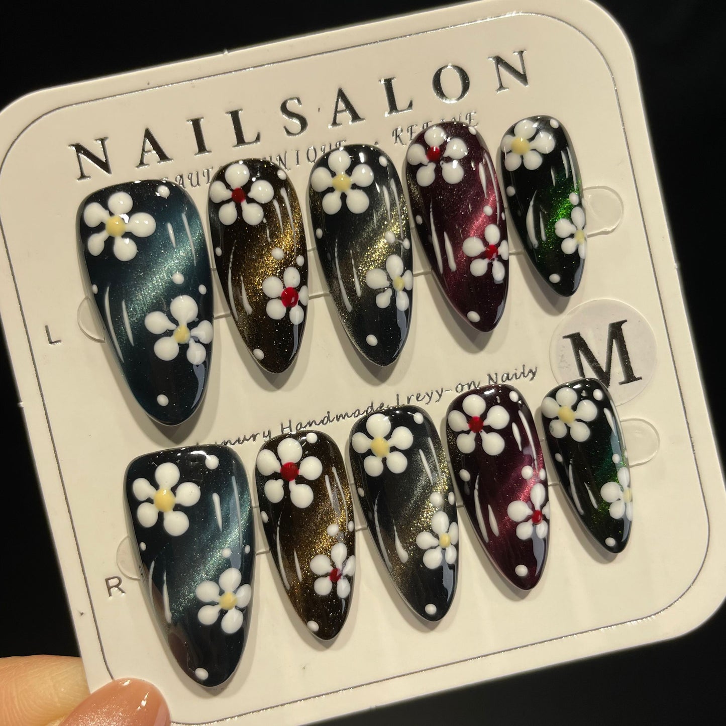 Handmade Press On Nails Long Almond Colorful cat-eye flowers