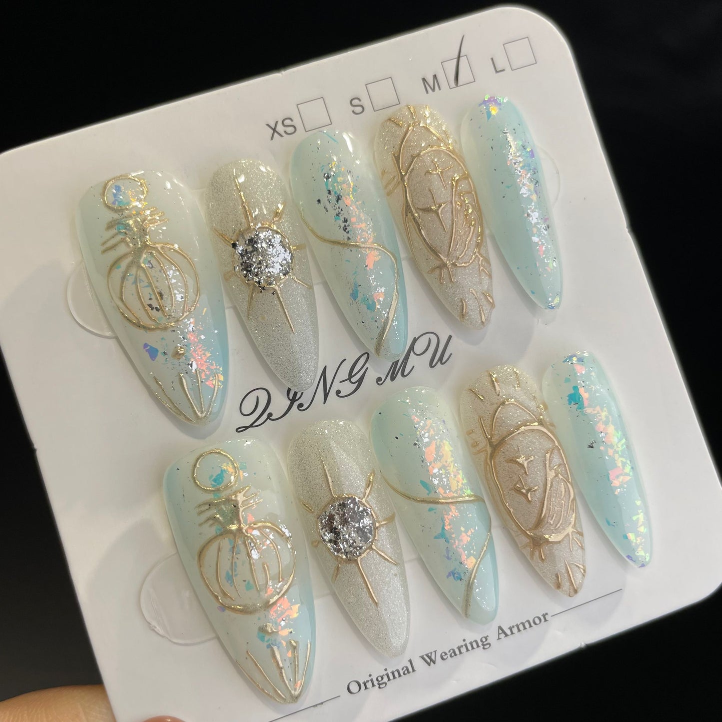 Handmade Press On Nails Long Almond Light green gold foil