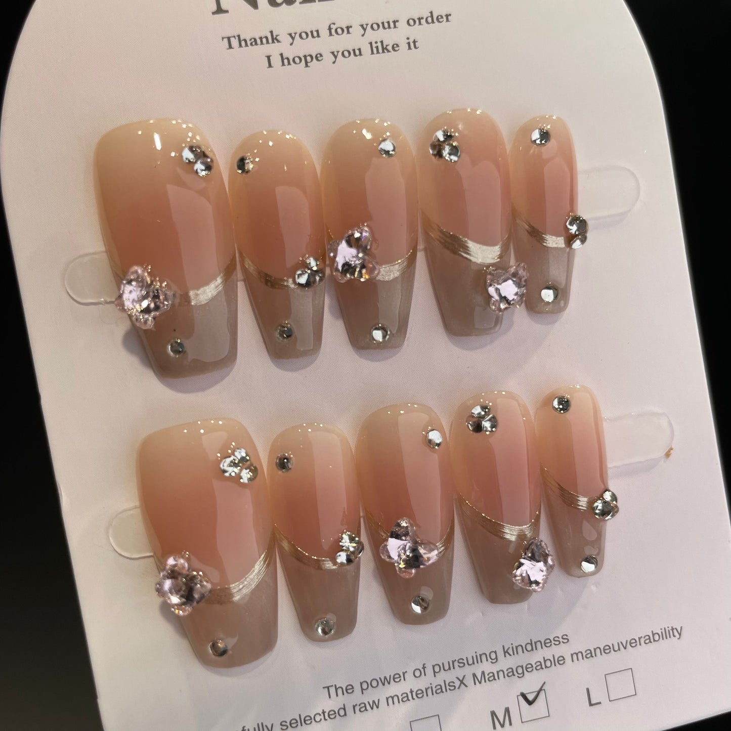 Handmade Press On Nails Long Coffin French diamond