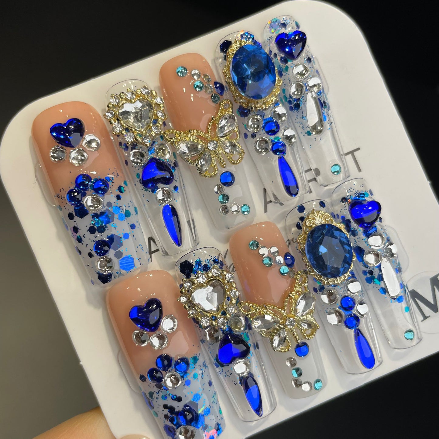 Handmade Press On Nails Long Coffin Blue treasure butterfly