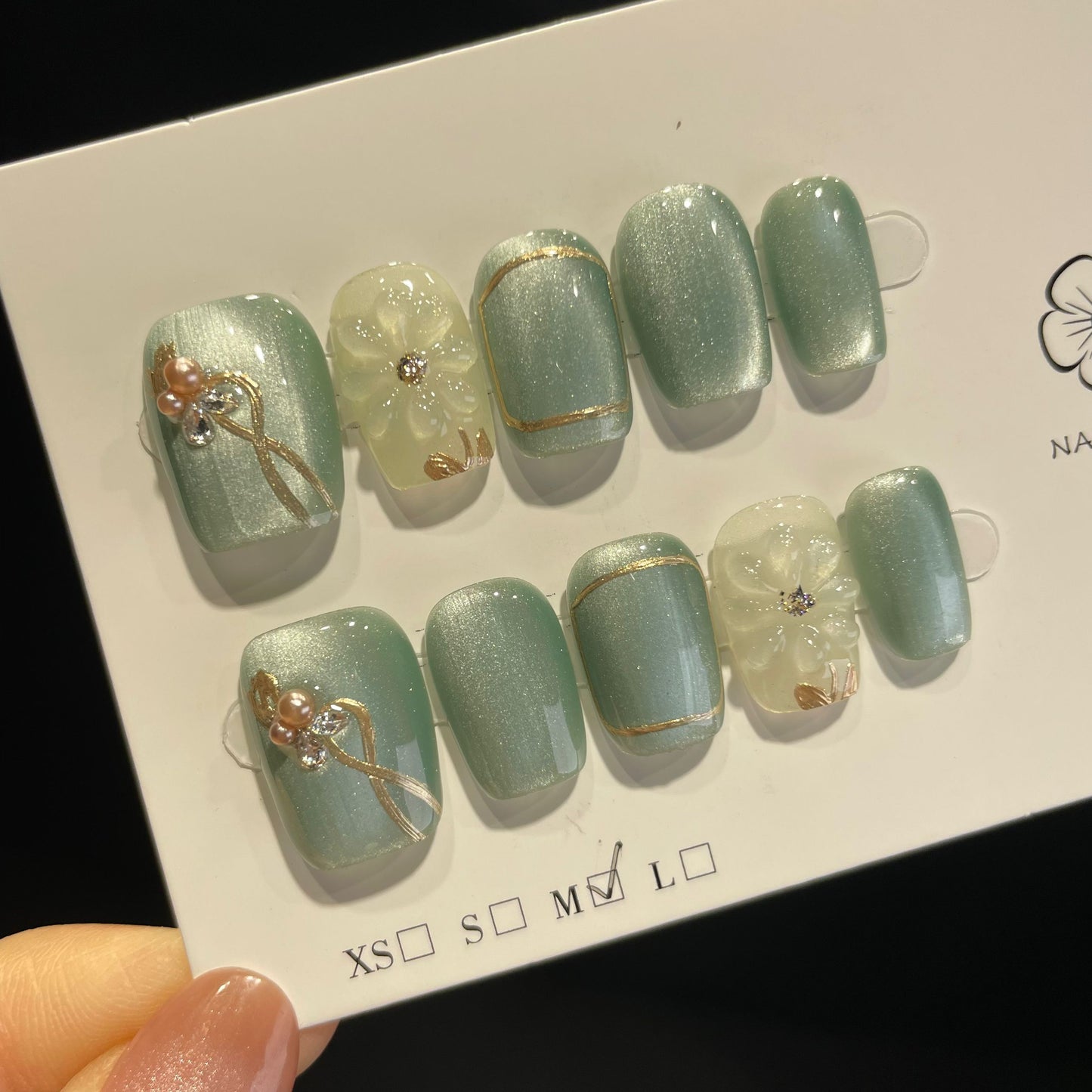 Handmade Press On Nails Short Coffin Green ice flower-DaH