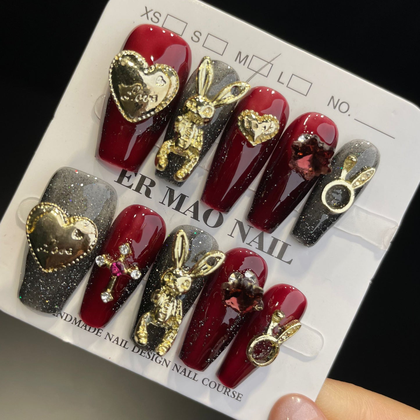 Handmade Press On Nails Long Coffin Metallic rabbit