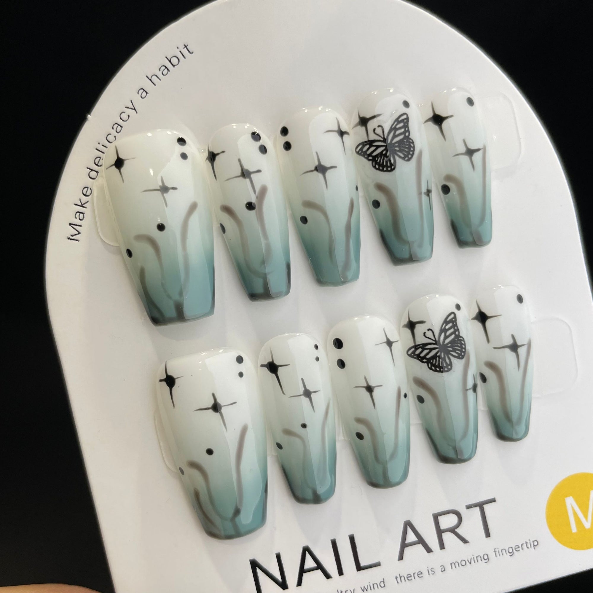 Handmade Press On Nails Long Coffin Green butterfly-YiH