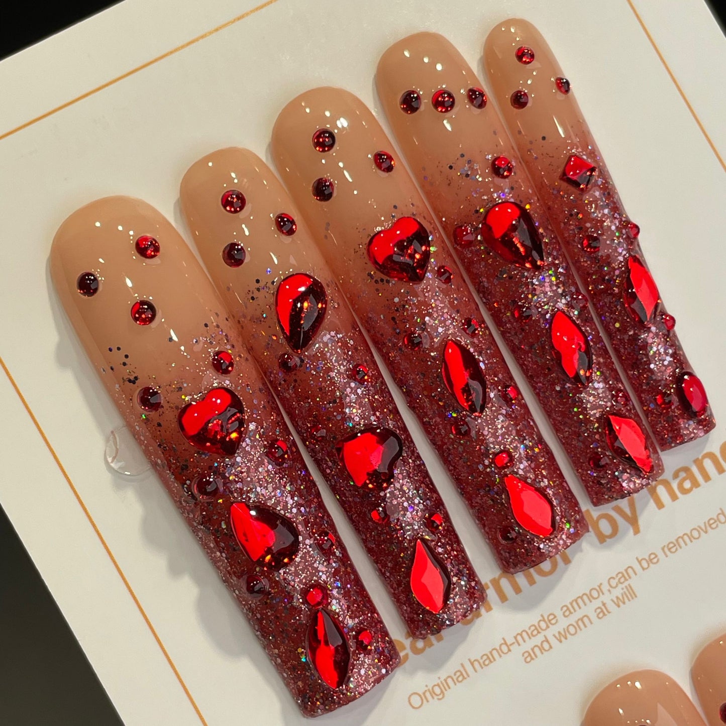 Handmade Press On Nails Extra-Long Coffin Ruby-like