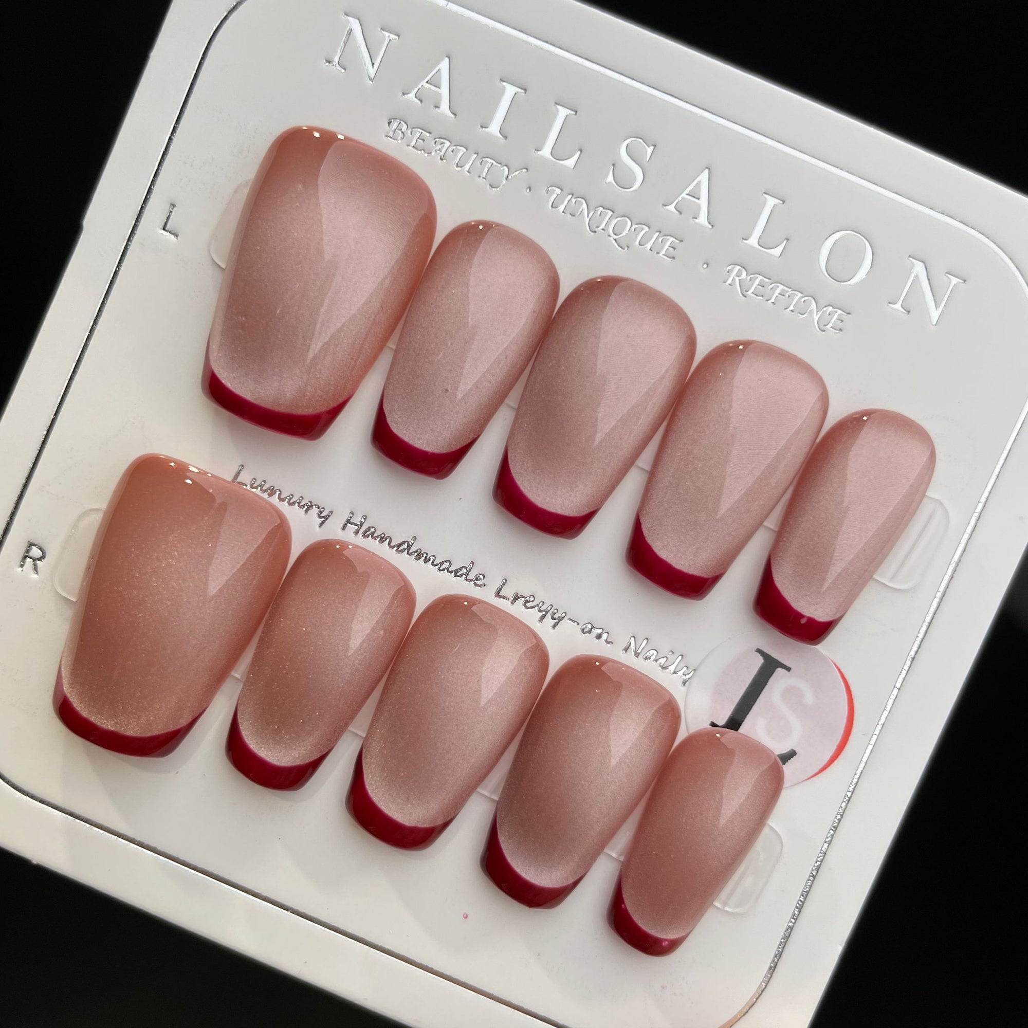 Handmade Press On Nails Medium Coffin Red French cat eyes-YiH