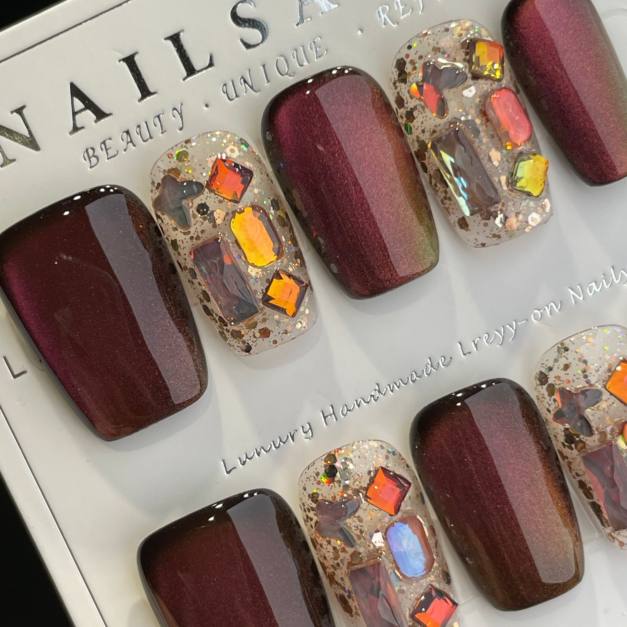 Handmade Press On Nails Medium Coffin Red cat eye sequins-YiH