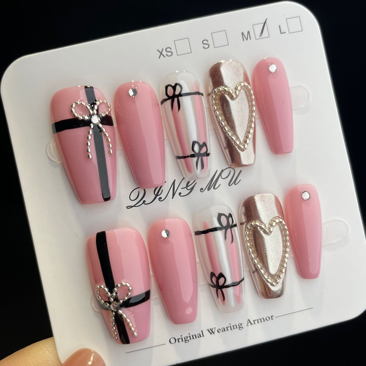 Handmade Press On Nails Long Coffin Pink bow-QingM