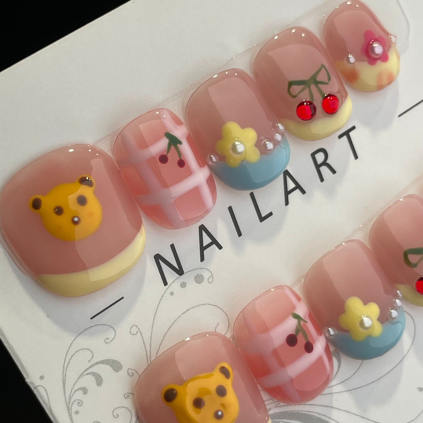 Handmade Press On Nails Short Square Sweet bear cherry-DaiRS