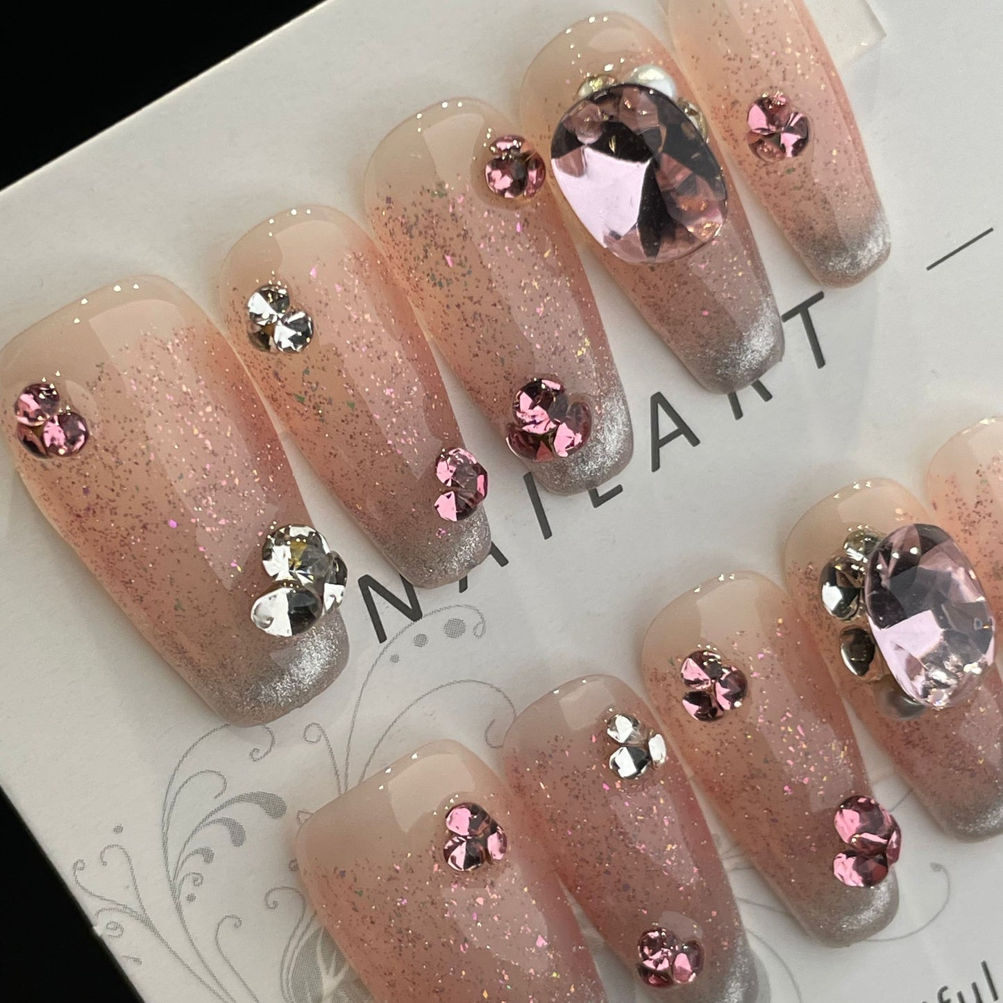 Handmade Press On Nails Long Coffin Sequined cat eyes-DaiRS