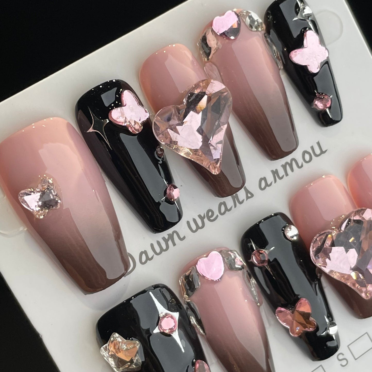 Handmade Press On Nails Long Coffin Black pink heart-XiXX