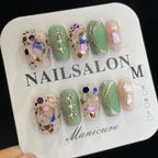 Handmade Press On Nails Medium Coffin Green glitter-YiH