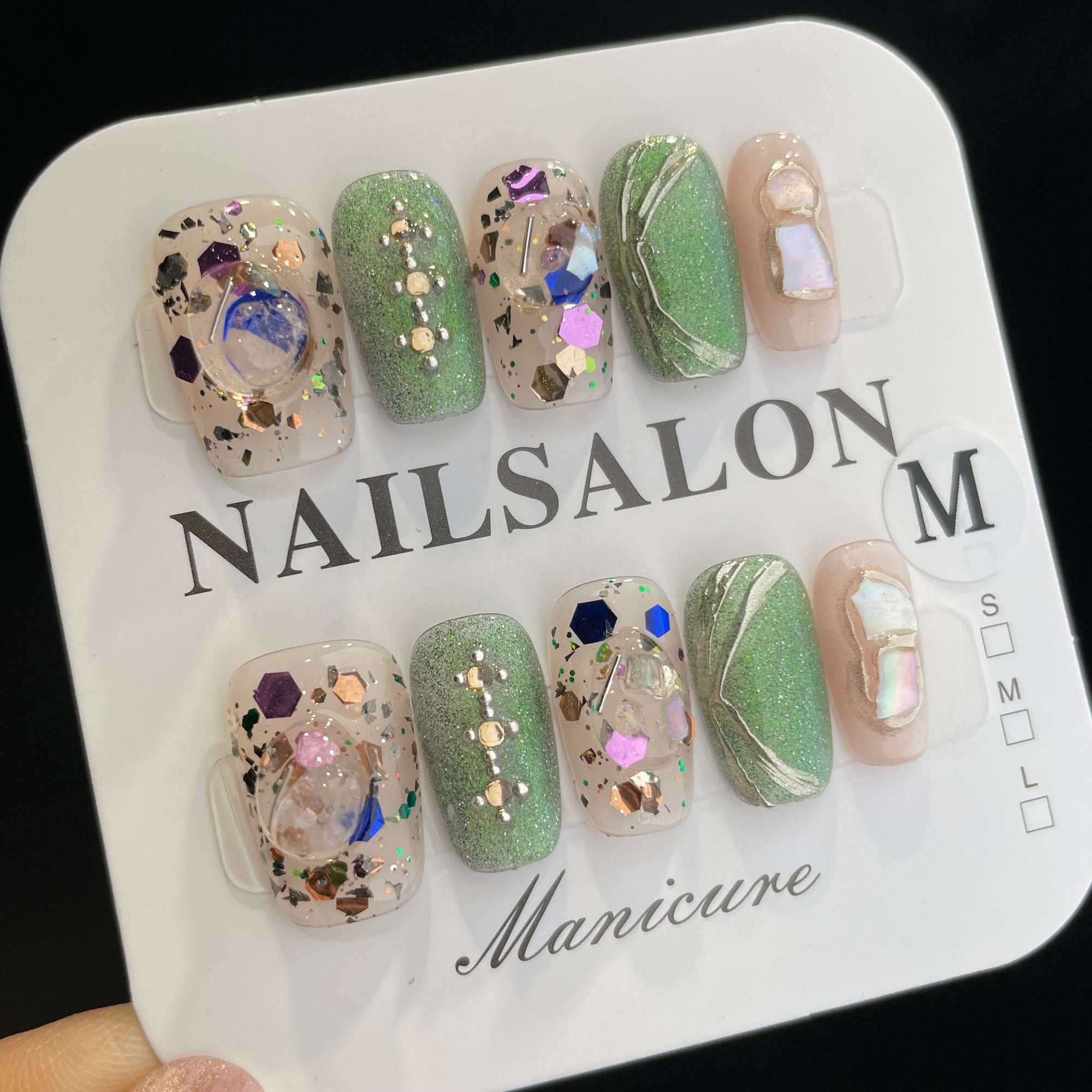 Handmade Press On Nails Medium Coffin Green glitter-YiH