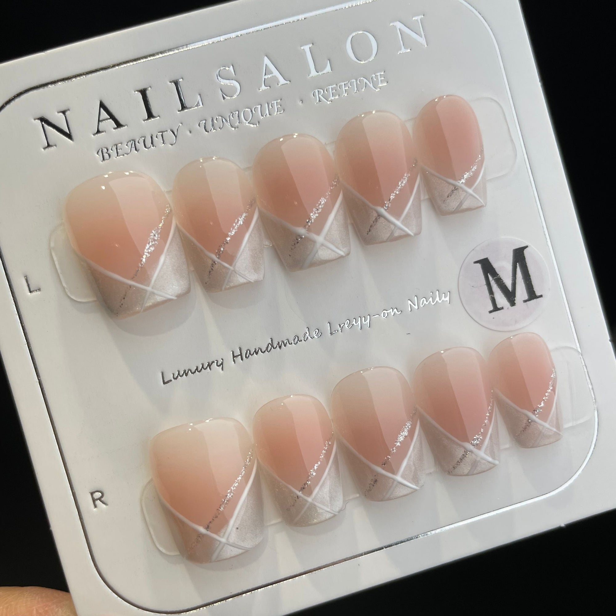 Handmade Press On Nails Short Coffin Line cat-eye French-YiH