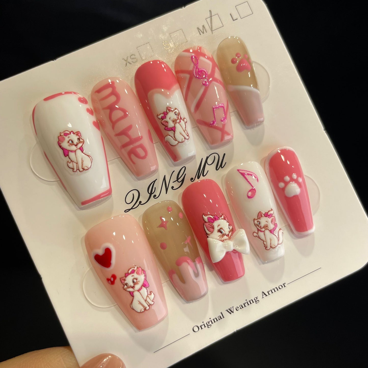 Handmade Press On Nails Long Coffin Rose pink sexy Mary cat-QingM