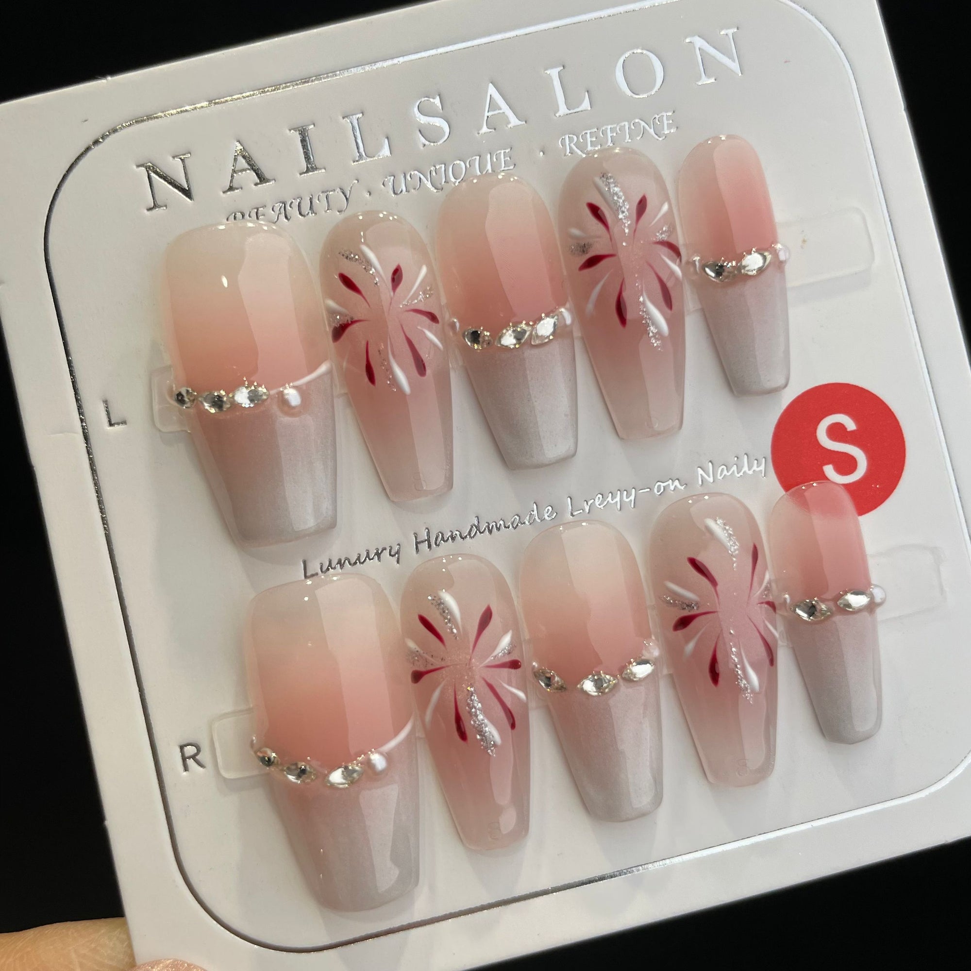 Handmade Press On Nails Long Coffin Silver cat eye fireworks-YiH