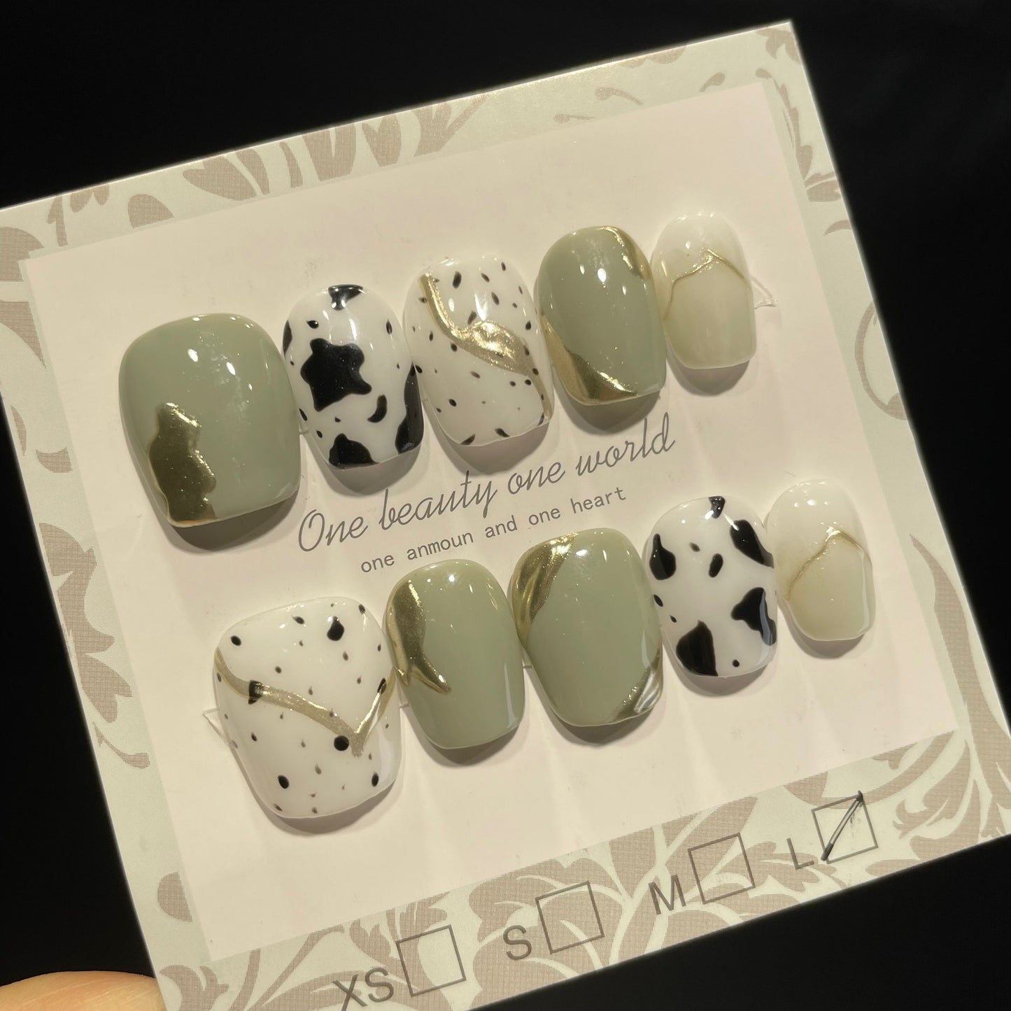 Handmade Press On Nails Short Square Spotted green