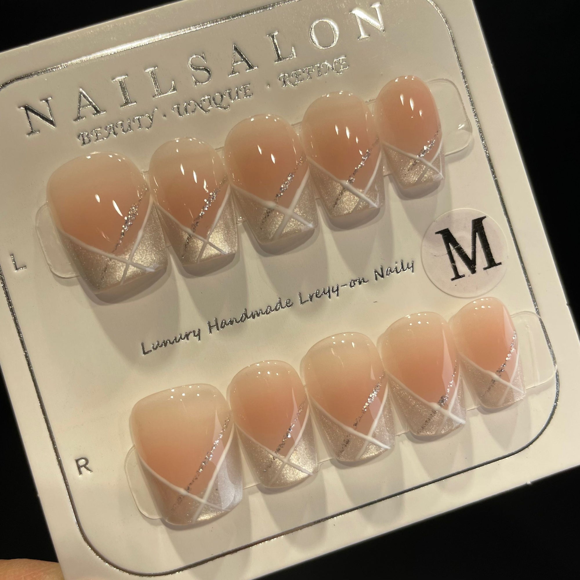 Handmade Press On Nails Short Coffin Line cat-eye French-YiH