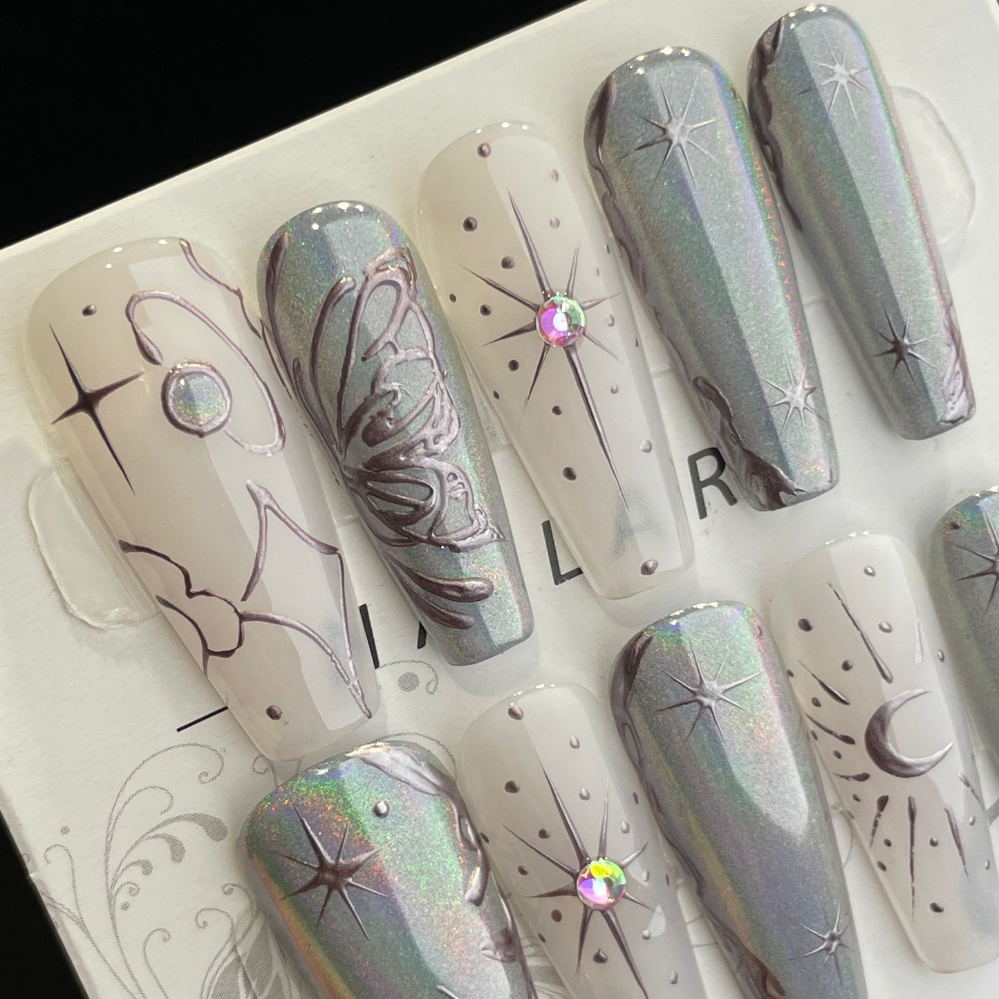 Handmade Press On Nails Long Coffin Silver rainbow-DaiRS