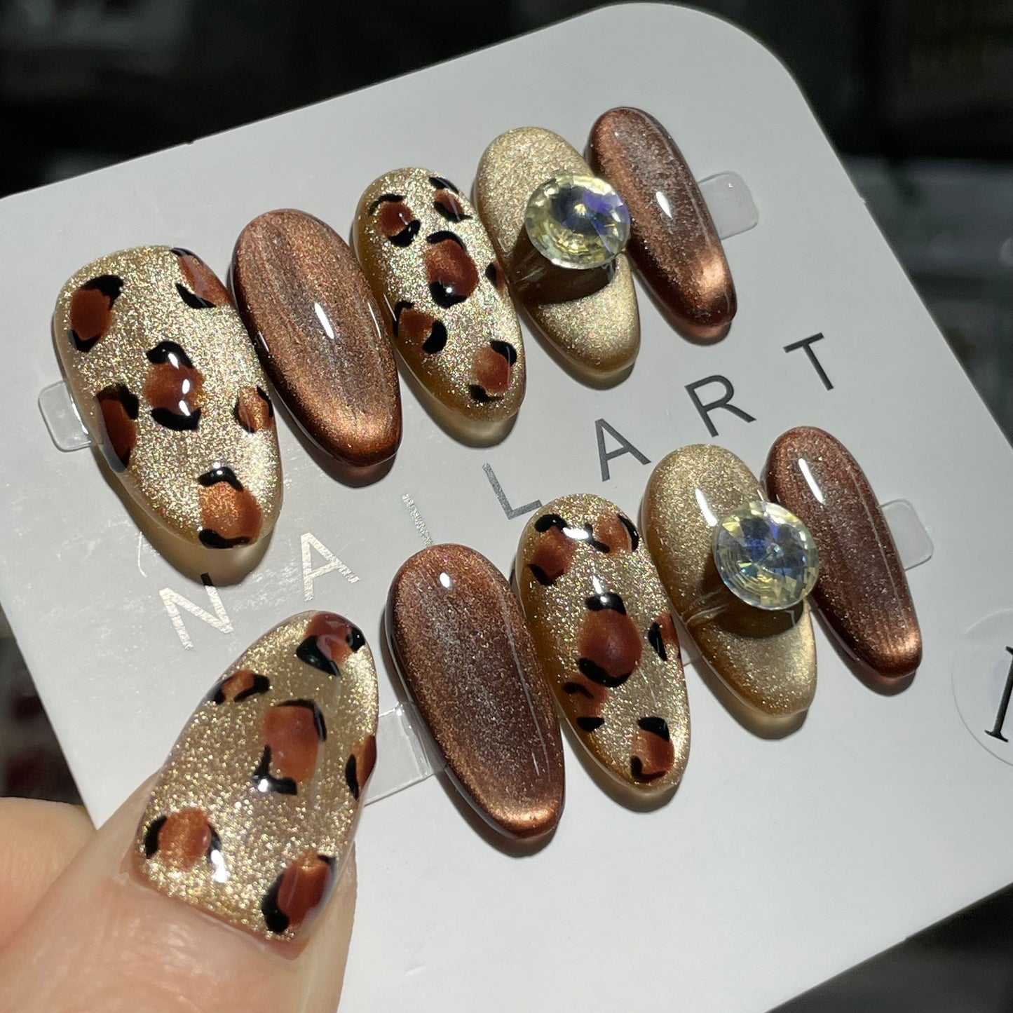 Handmade Press On Nails Medium Almond Leopard sparkle