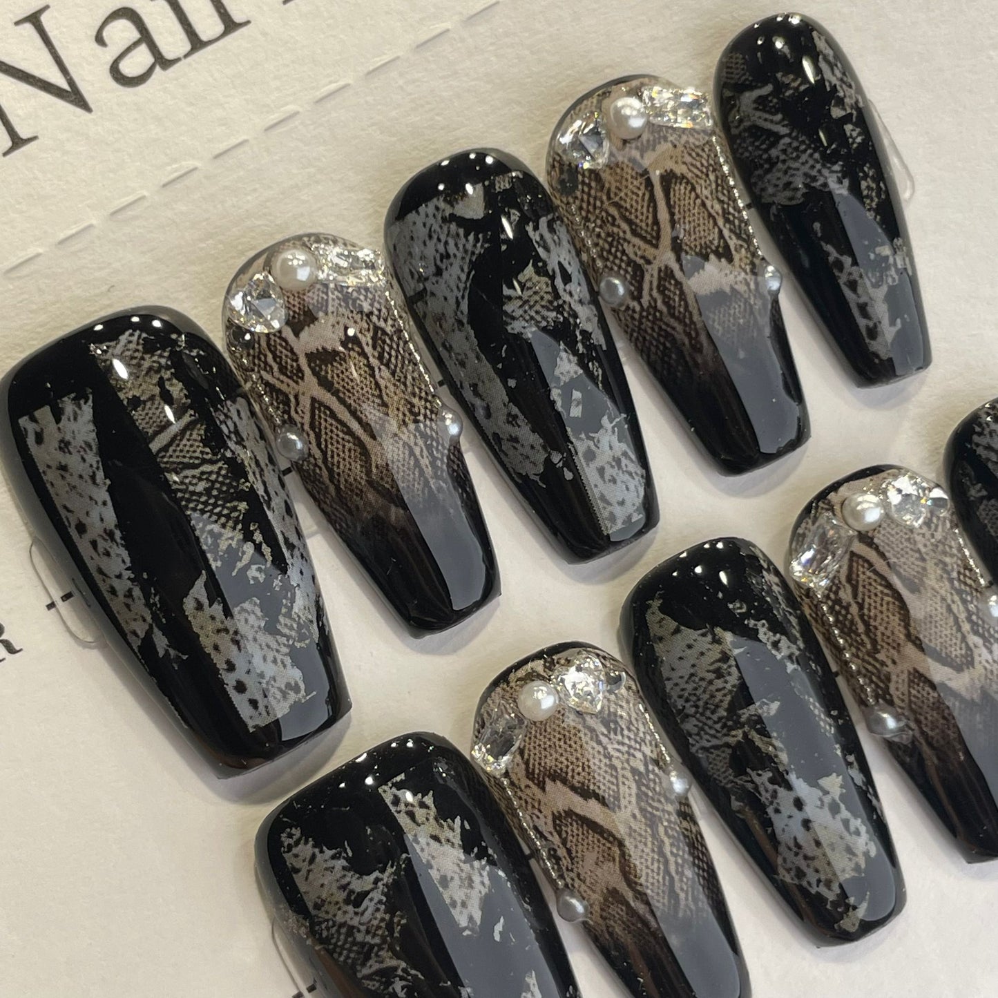 Handmade Press On Nails Long Coffin Black snake scale