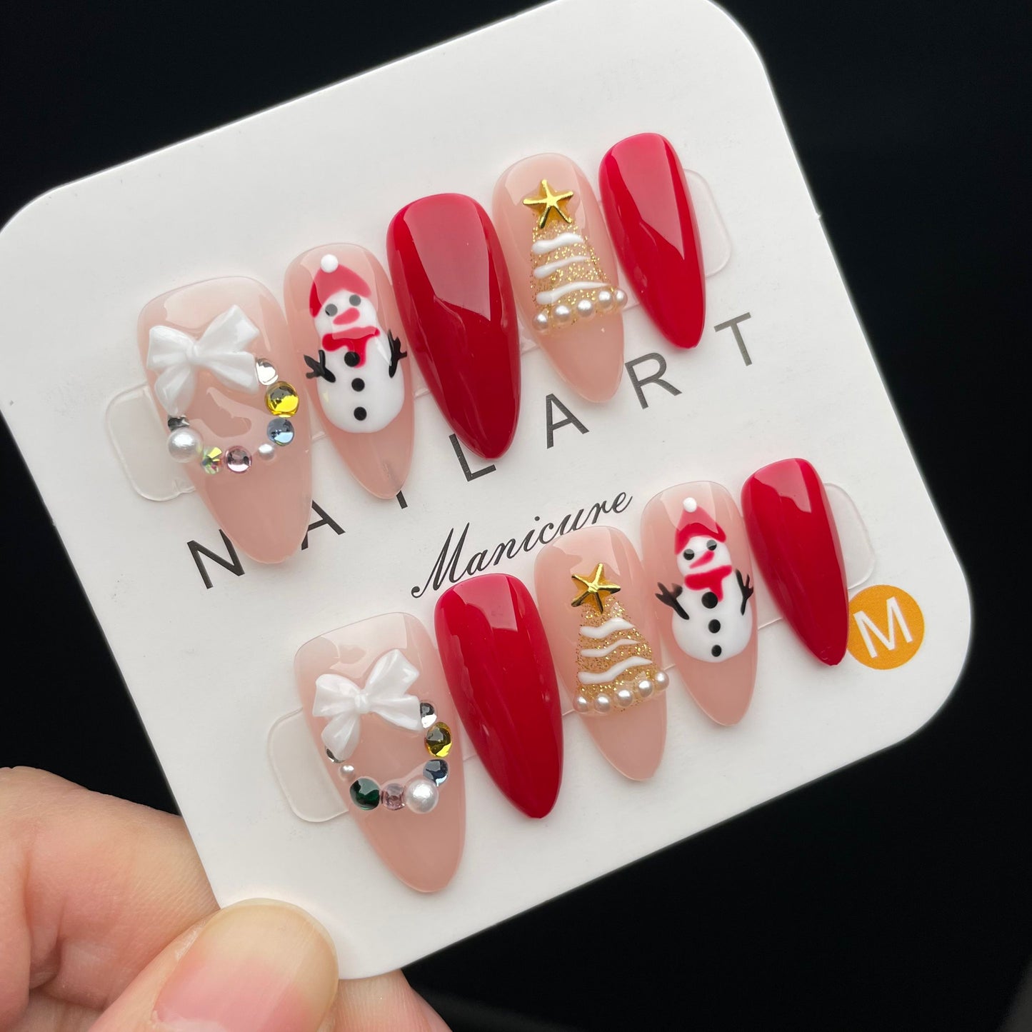 Handmade Press On Nails Medium Almond Christmas snowman