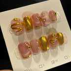 Handmade Press On Nails Short Coffin Pink golden snake-YiH