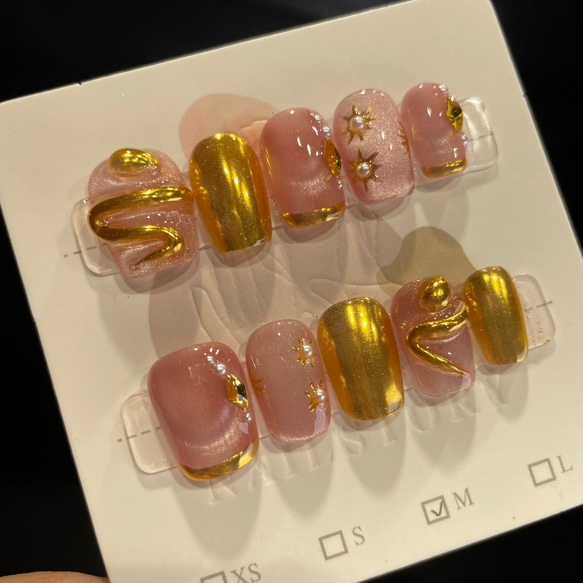 Handmade Press On Nails Short Coffin Pink golden snake-YiH