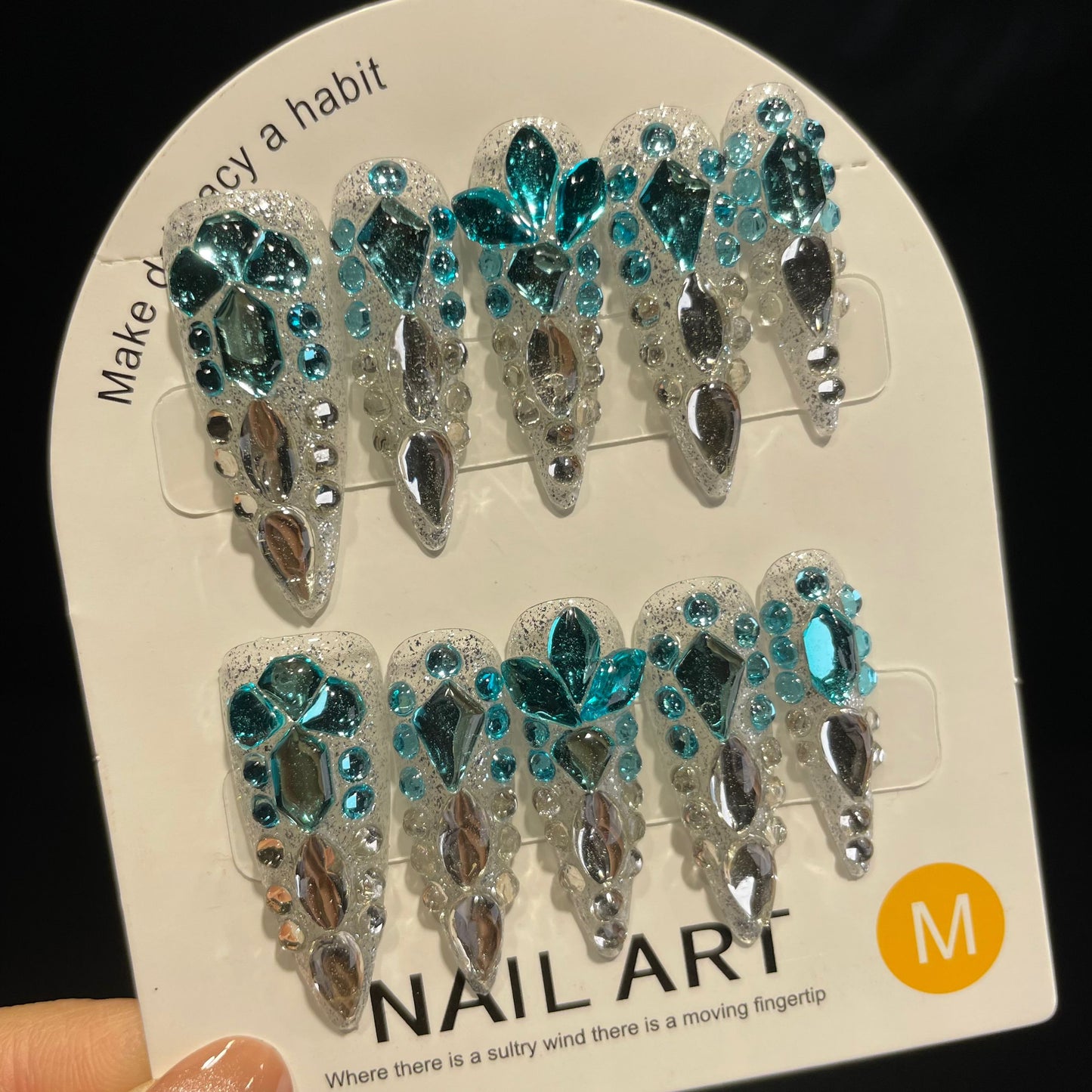 Handmade Press On Nails Long Stiletto Blue white full of diamonds