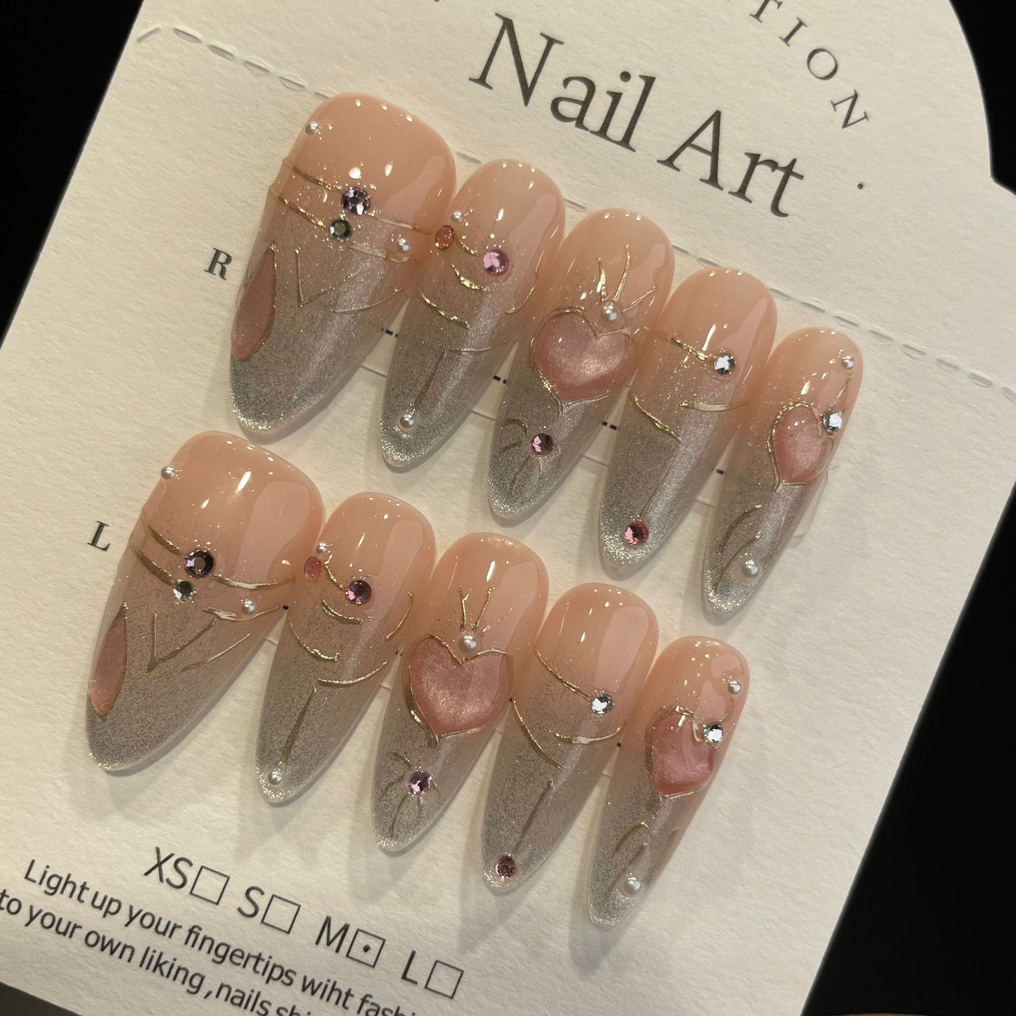 Handmade Press On Nails Long Almond Silver pink