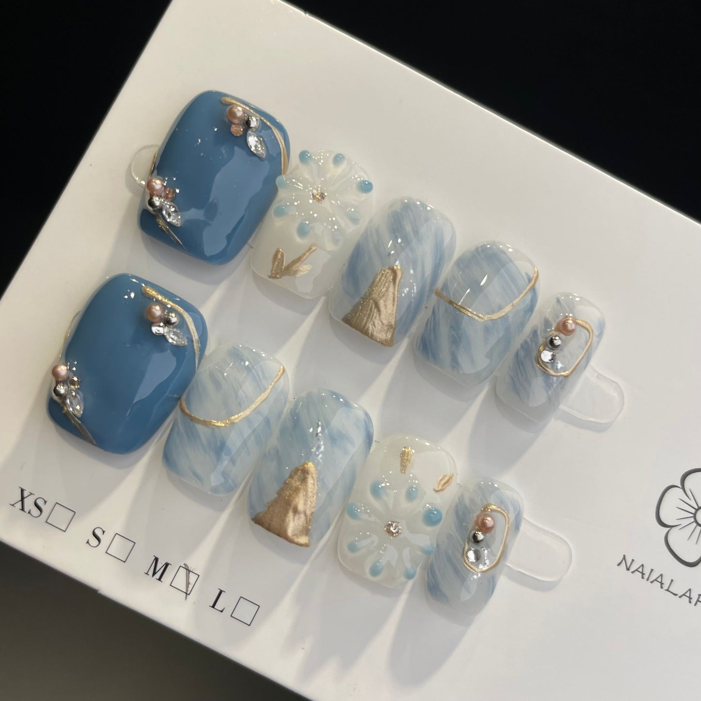 Handmade Press On Nails Short Coffin Blue ice flower-DaH