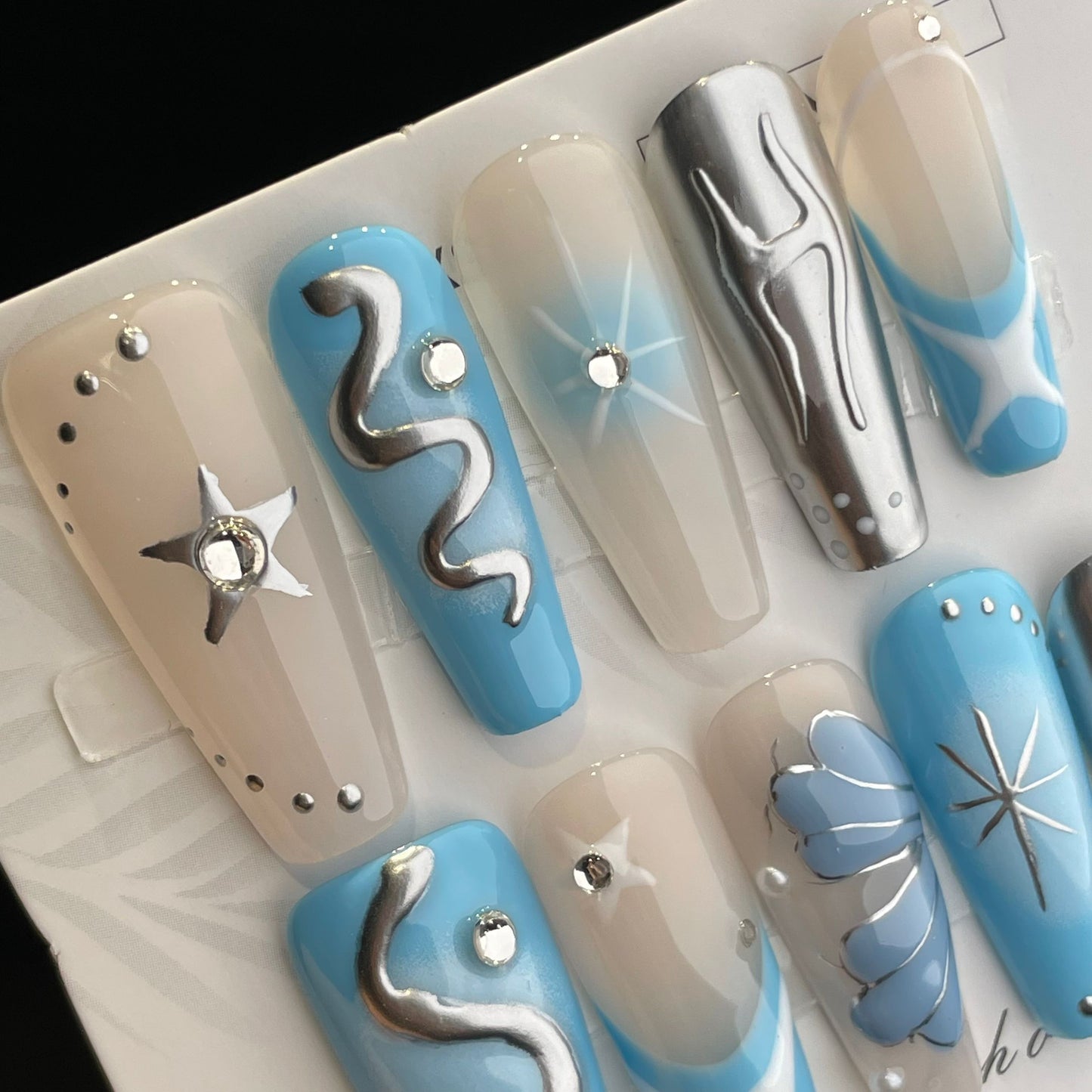 Handmade Press On Nails Long Coffin Little blue metal snake-DaiRS