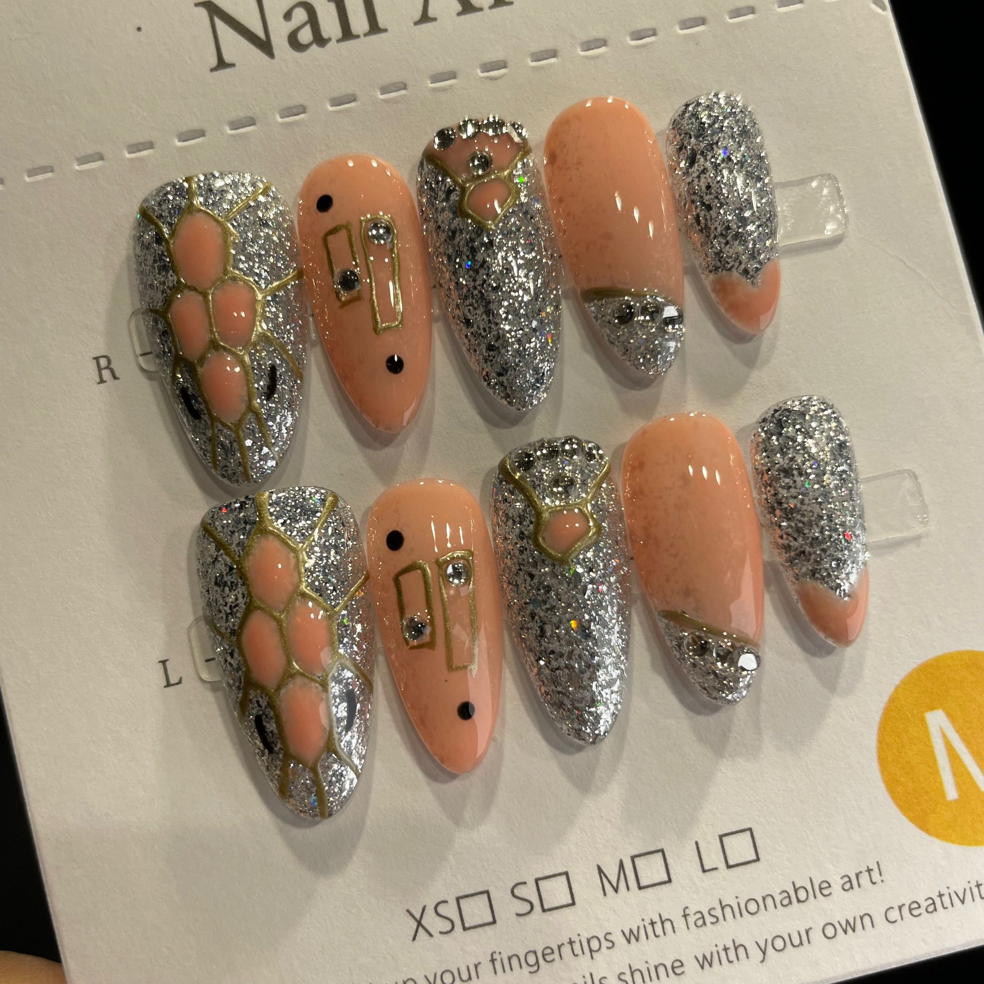 Handmade Press On Nails Long Almond Silver Medusa-YiH
