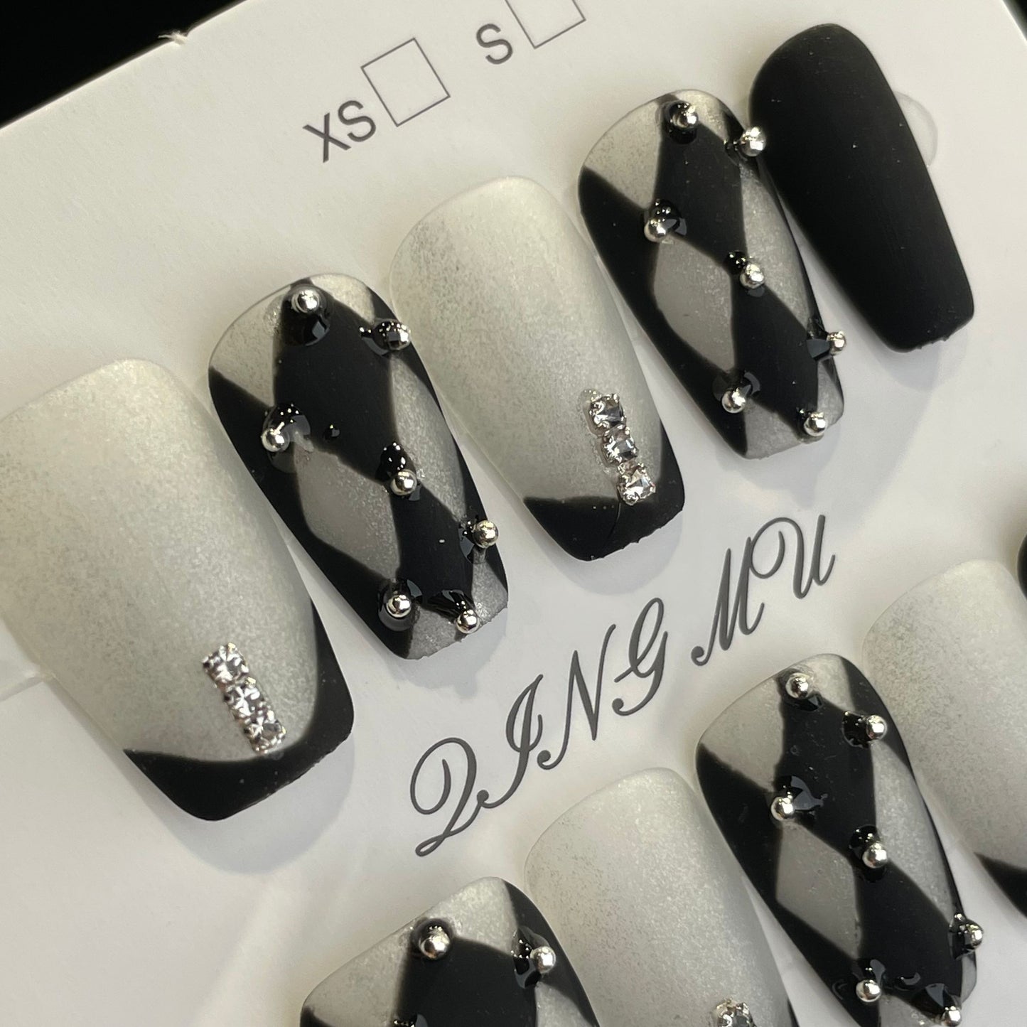 Handmade Press On Nails Medium Coffin Black and white diamond check French