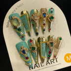 Handmade Press On Nails Long Stiletto bluish green gorgeous colored gems-YiH