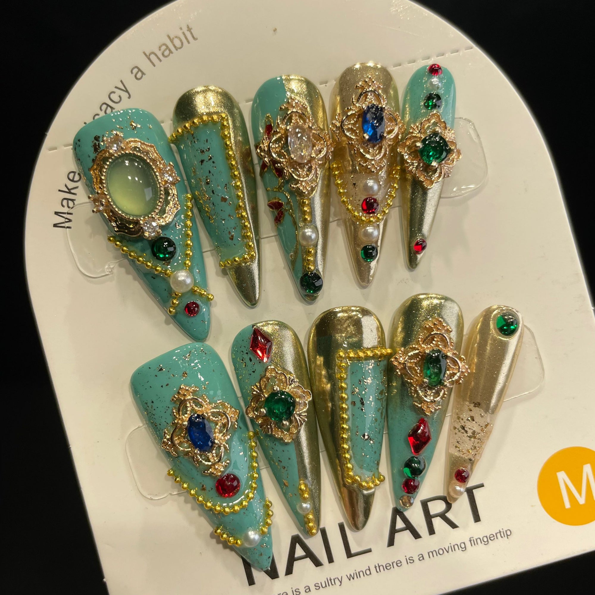 Handmade Press On Nails Long Stiletto bluish green gorgeous colored gems-YiH