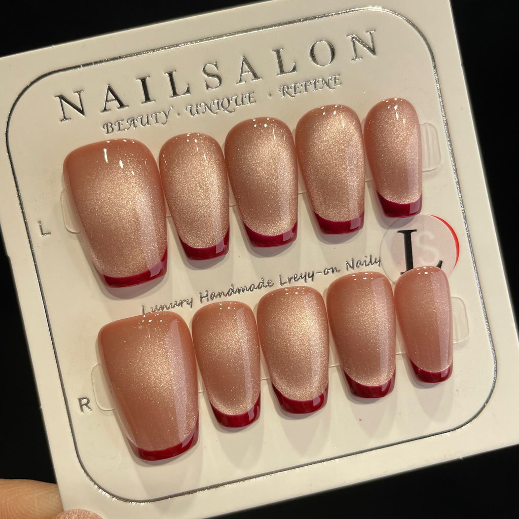 Handmade Press On Nails Medium Coffin Red French cat eyes-YiH