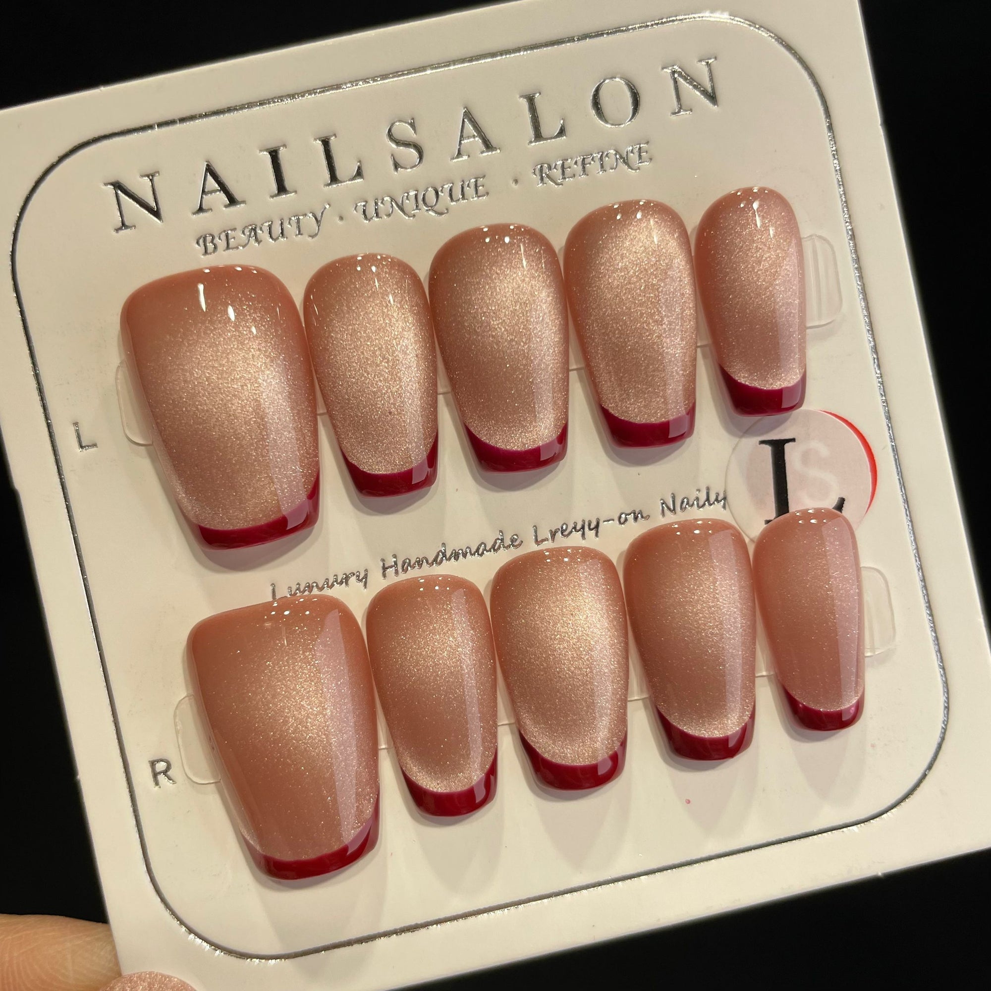 Handmade Press On Nails Medium Coffin Red French cat eyes-YiH
