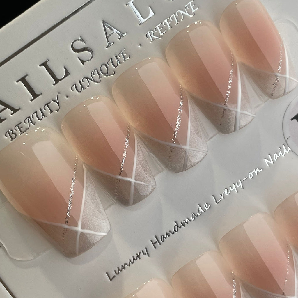 Handmade Press On Nails Medium Coffin Line cat-eye French-YiH