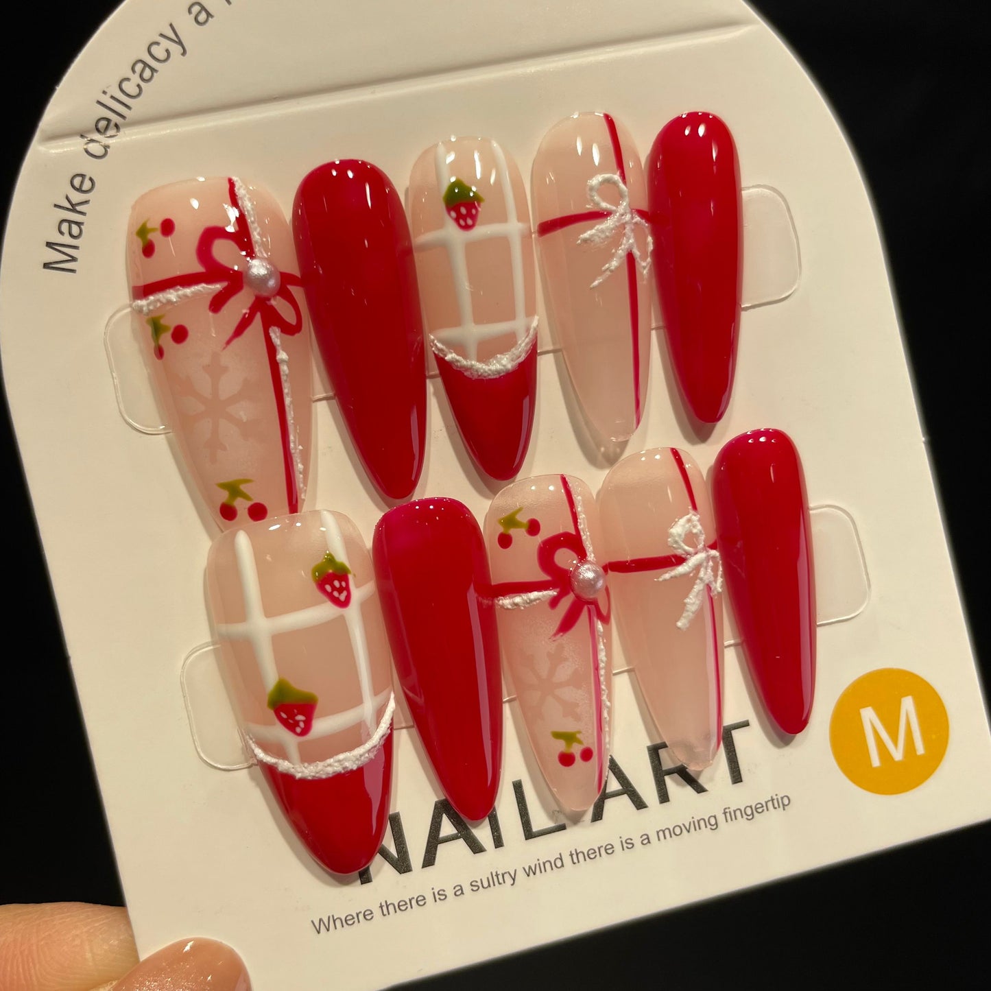 Handmade Press On Nails Long Stiletto Strawberry gift set