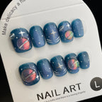 Handmade Press On Nails Short Coffin Blue planet-YiH