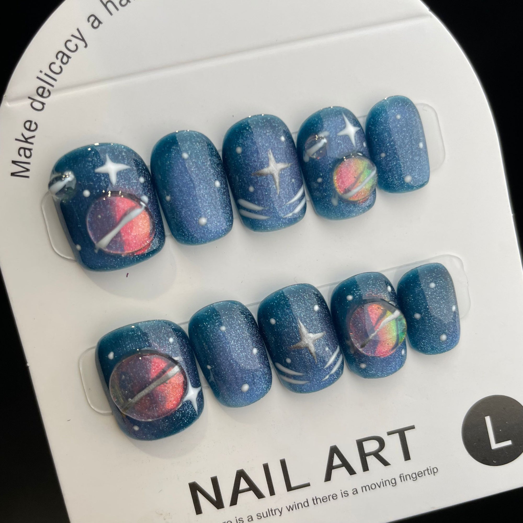 Handmade Press On Nails Short Coffin Blue planet-YiH